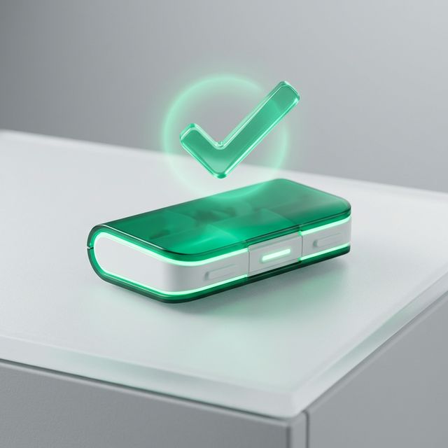 Sleek pill organizer with glowing tech checkmark