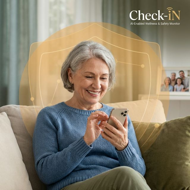 Happy senior using smartphone independently at home